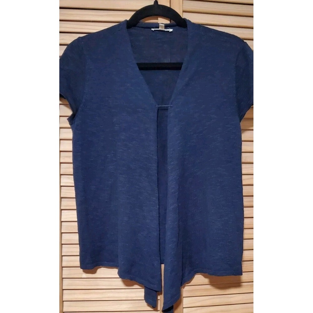 Eileen Fisher Sz XS Blue Linen Cotton Short Sleeve Cardigan Sweater Open Front